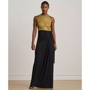 Lauren Ralph Lauren Women's Beaded Mesh & Jersey Tie-Front Gown Black Tan 6